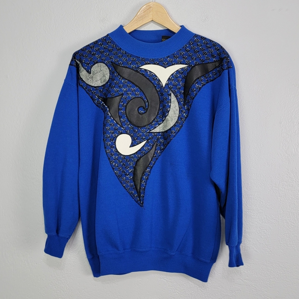 Vintage 80s Extravagannza Mock Neck Abstract Royal Blue Sweatshirt Size Large - Picture 10 of 17